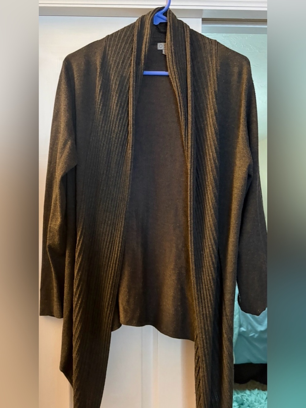 Cozy Open-Front charcoal grey  Women's Cardigan Sweater ribbed collar and front